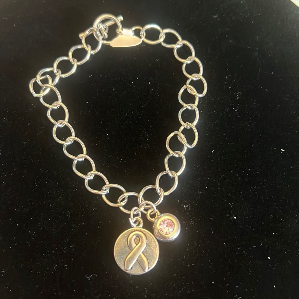 Handcrafted silver tone Breast cancer awareness ribbon charm bracelet